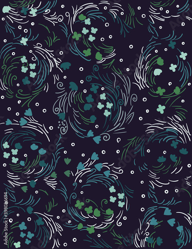 Abstract pattern composed using curved lines, flower buds and leaves