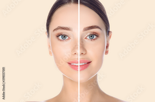 Female face before and after coloring and styling eyebrows on beige background