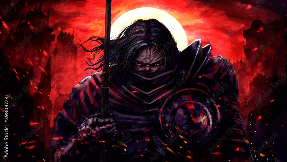 Obraz premium A stern fantasy knight in a half-face mask walks with a spear in his hands, against the background of a bloody sunset and burned castles, he cries, sparks fly around him . 2D illustration.