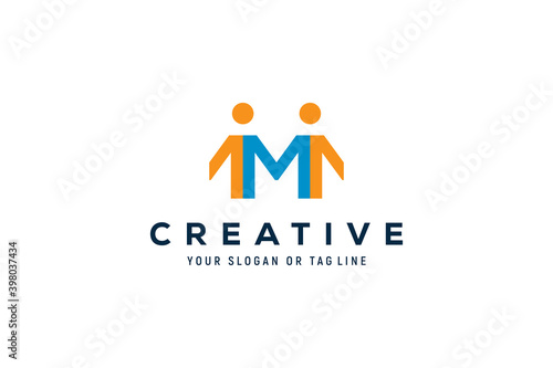 letter M handshake person logo design vector