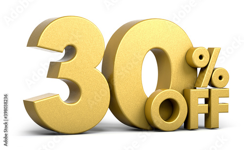 Golden text, 30% off isolated on white background. Off 30 percent. Sales concept. 3d illustration.