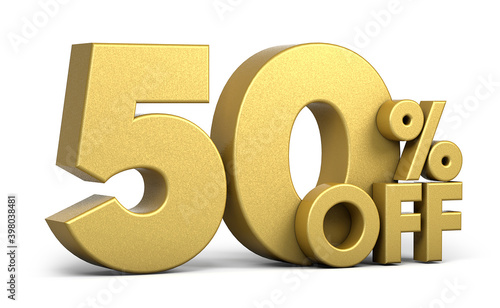 Golden text, 50% off isolated on white background. Off 50 percent. Sales concept. 3d illustration.