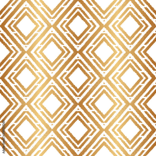 Ikat gold seamless pattern. Geometric pattern boho. Traditional background. Elegant ethnic texture. Navajo motif. Abstract Ikat backdrop. Golden foil for design folk wallpapers, prints. Vector 