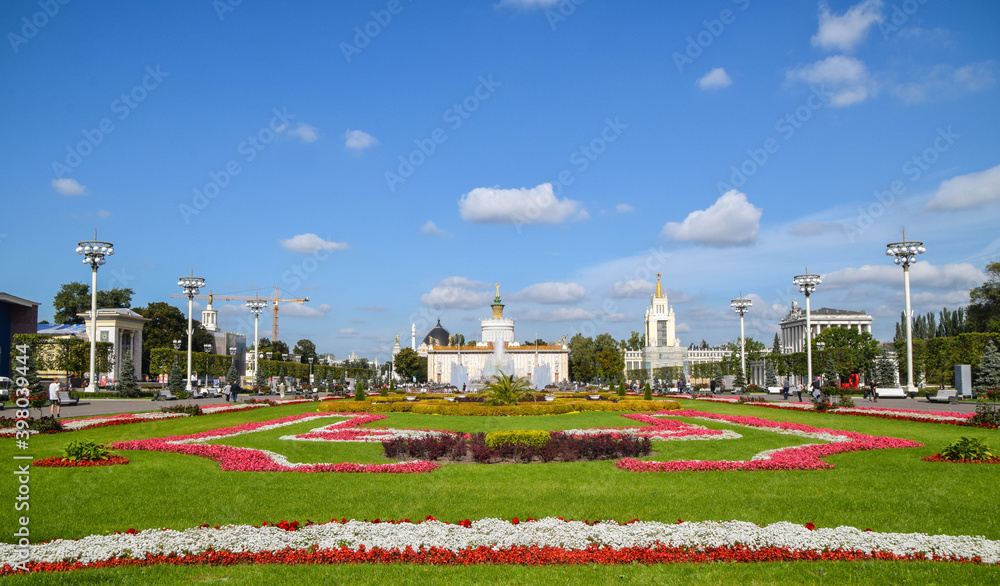 The beautiful main square of All Russia Exhibition Centre with view on Pavilion 58 in Moscow, Russia