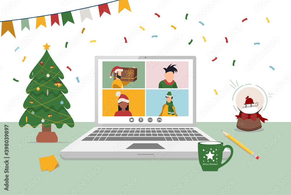 People wishing Merry Christmas and Happy New Year, celebrating holiday and giving gifts via video call or web conference in 2021. Flat vector illustration for web, banner, poster