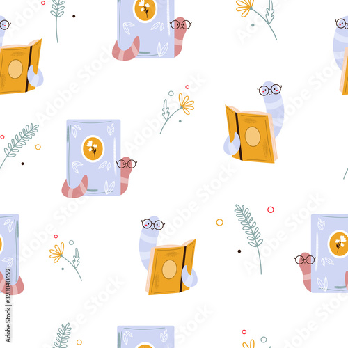 Seamless pattern with funny bookwom and books.