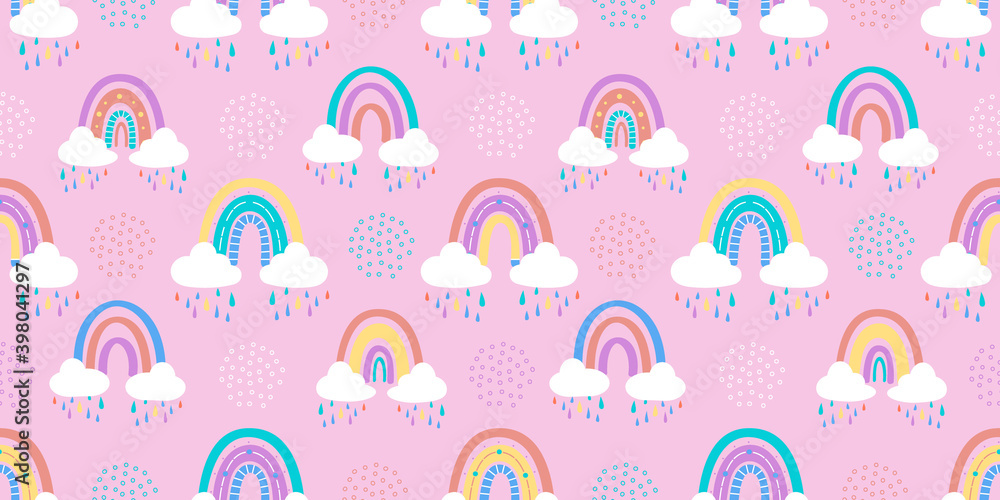 Abstract rainbow with clouds and raindrops, doodles and circles in a seamless pattern. Children's pattern in muted pastel colors. Hand-drawn vector illustration Abstract rainbow with clouds and raindrops, doodles and circles in a seamless pattern. Children's pattern in muted pastel colors. Hand-drawn vector illustration