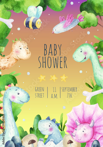 baby shower, childrens holiday invitation card with cute dinosaurs, nature, watercolor illustration