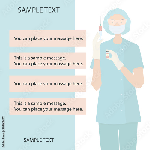 Female doctor in medical glasses and mask with ampoule of vaccine and syringe. Vaccination infographics. Measures to prevent coronavirus and influenza. Vector flat illustration with space for text