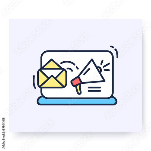 Email marketing color icon. Mail strategy. Newsletter subscription. Internet newsletter. Promotional promo email. Isolated linear vector business illustration