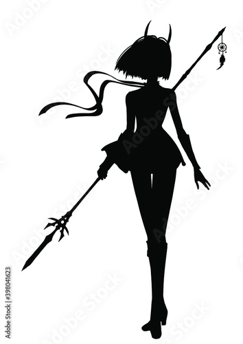 The silhouette of a beautiful graceful anime girl with horns, a Bob haircut, and a long beautiful spear, she smoothly goes to the viewer . 2D illustration.