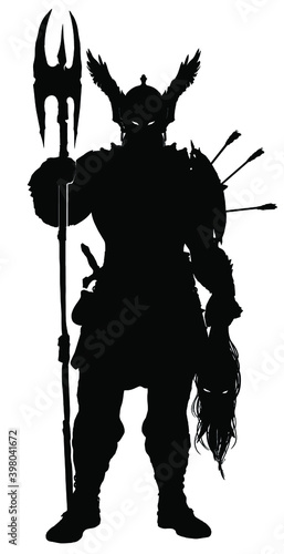 The silhouette of a Viking in a helmet with wings and a long double axe, with a severed head in the other hand, stands sparkling with his eyes. 2D illustration.