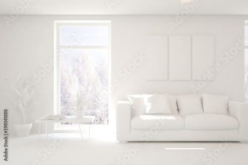 White minimalist living room with sofa. Scandinavian interior design. 3D illustration