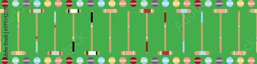 Croquet game seamless vector border. Fun repeat banner of mallets and balls on lawn green backdrop. Colorful hand drawn design. Edging, ribbon, trim for summer garden party and leisure concept