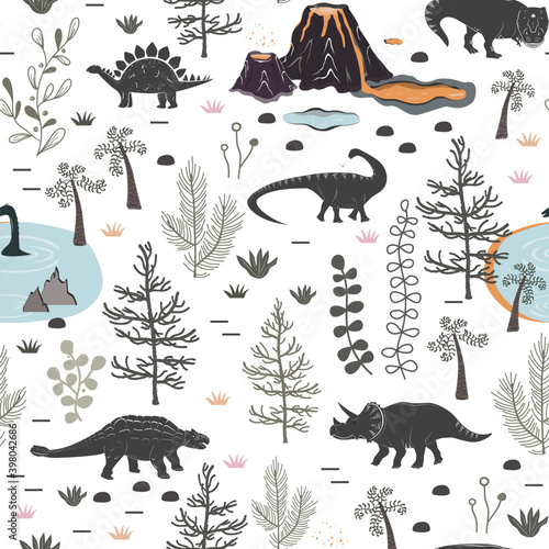 Vector seamless pattern with cute different dinosaurs  plants and volcano. Cartoon landscape of Jurassic period with dino. Pastel texture for kids wallpaper  fabrics and different surfaces