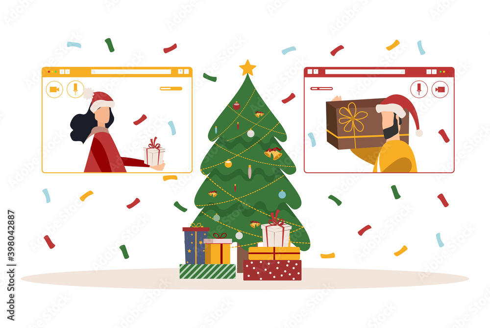 People wishing Merry Christmas and Happy New Year, celebrating holiday and giving gifts via video call or web conference in 2021. Flat vector illustration for web, banner, poster, vector