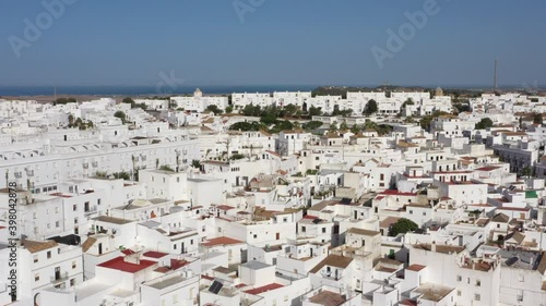 Aerial views of white town in the province of Cadiz, Andalusia. Vejer de la frontera seen from above, in south Spain