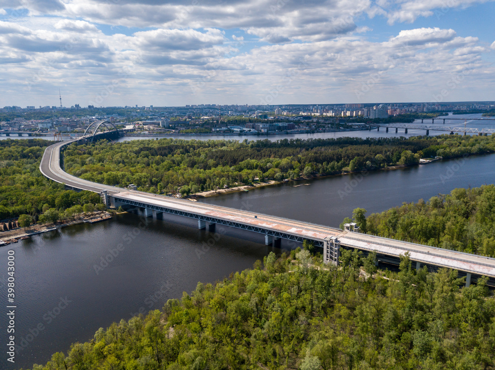 Aerial drone view. Unfinished bridge in Kiev, sunny summer day.