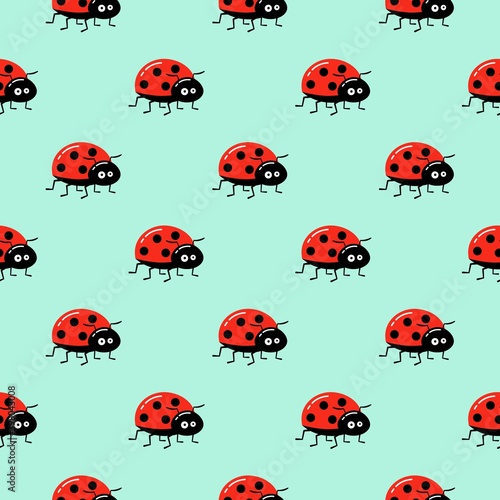 Seamless background with cartoon ladybug on green. Simple pattern. Vector illustration.