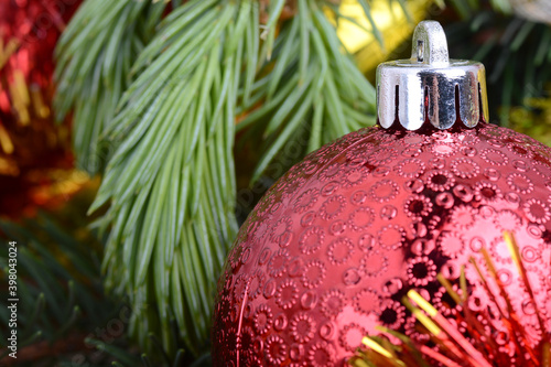 Christmas frame, greeting card. New year balls, gifts or present box and holiday decoration. Happy New Year composition.