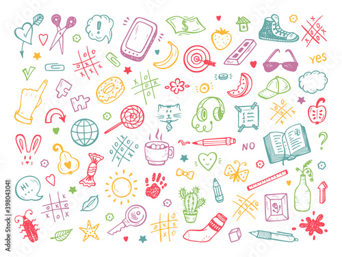 Back to school. Different objects Vector set. Workplace concept. Mess on the table. Messy desk. Hand Drawn Doodle Icons Tic Tac toe, Stationery, Food and other. Desktop. 