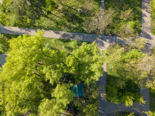 Walking paths in the park. Aerial drone top view.