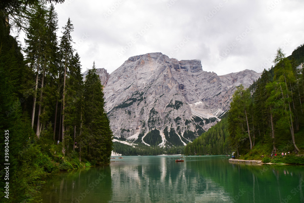 The Prager Wildsee or Lake Prags, Lake Braises in the Dolomites in South Tyrol, Italy. The Prager Wildsee or Lake Prags, Lake Braises in the Dolomites in South Tyrol, Italy.