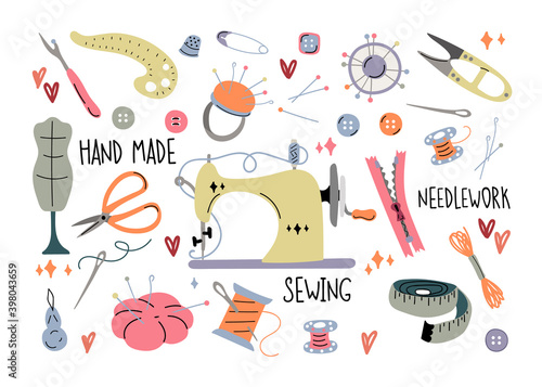 Set of sewing accessories. Needlework and sewing concept. Sewing tools scissors, sewing machine, thread, needle, pin, 