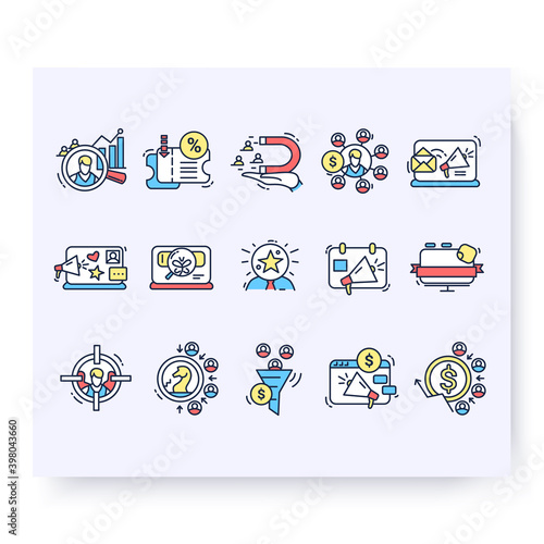 Color set of customer attraction icons. Customer acquisition. Client attraction. Strategy for startups. Guide steps to acquire buyers. Isolated linear vector business illustrations
