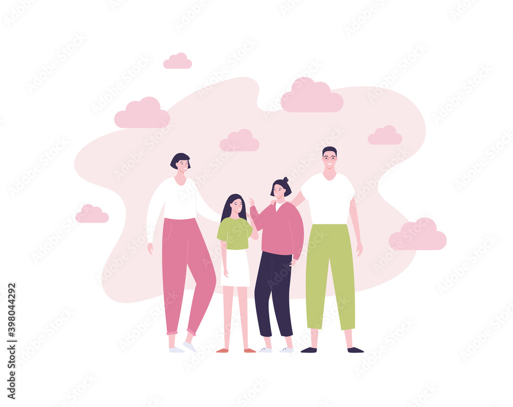 Happy family character concept. Vector flat male and female people illustration. Couple of caucasian or asian mother and father with son and daughter kid together. Man and woman parent person. Happy family character concept. Vector flat male and female people illustration. Couple of caucasian or asian mother and father with son and daughter kid together. Man and woman parent person.