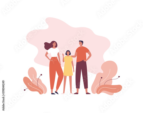 Happy family character concept. Vector flat male and female people illustration. Couple of hispanic mother and father with daughter together. Man and woman relatives person.