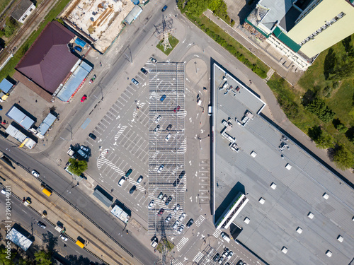 Aerial drone top view. Car parking.