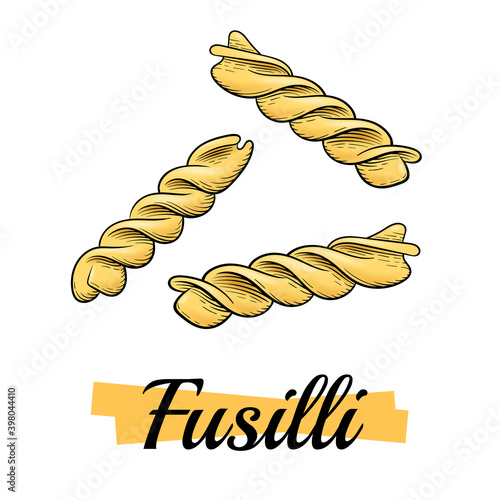 Italian fusilli pasta. Drawing with engraving, ink, and linear art in color. Traditions of Italian cuisine. For menu design, packaging, etc. Vector drawing isolated on a white background.