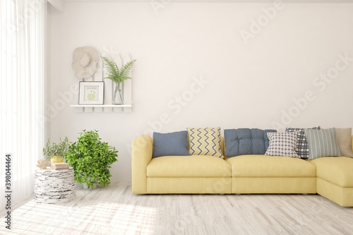 White living room with sofa. Scandinavian interior design. 3D illustration