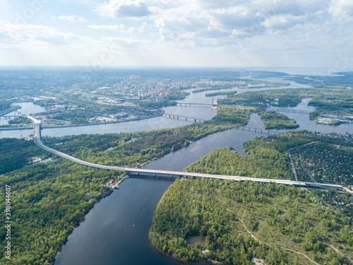 Aerial high view. Unfinished bridge in Kiev, sunny summer day.