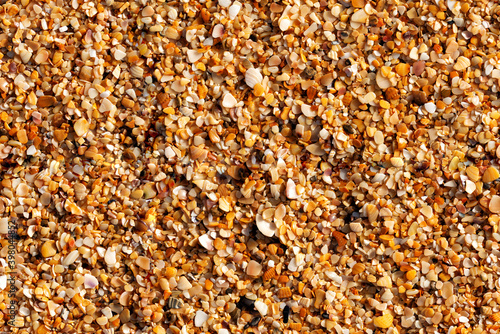 Seamless macro texture of yellow sea sand from rolled seashells