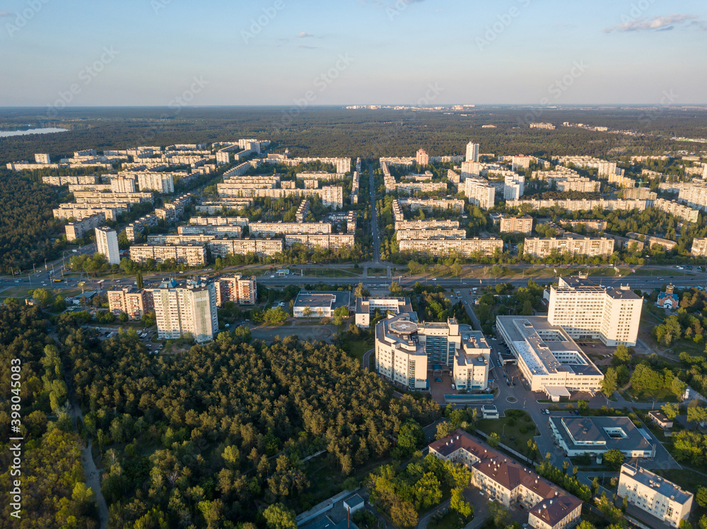 Obraz premium Aerial drone view. Residential buildings in Kiev. Summer sunny day.