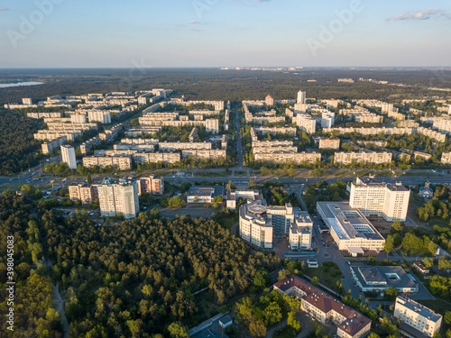 Aerial drone view. Residential buildings in Kiev. Summer sunny day.