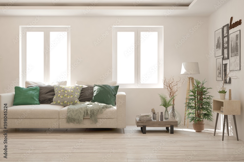 Naklejka premium White living room with sofa. Scandinavian interior design. 3D illustration