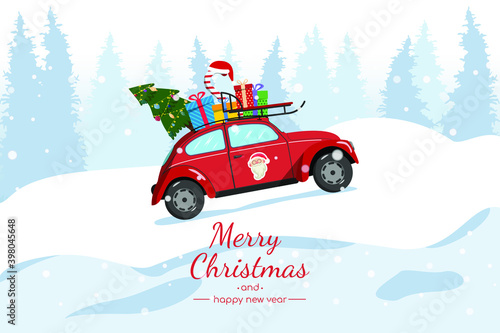 Merry Christmas together to the red car. Christmas card. A red car carries a Christmas tree and gifts. Cartoon car. Vector illustration.