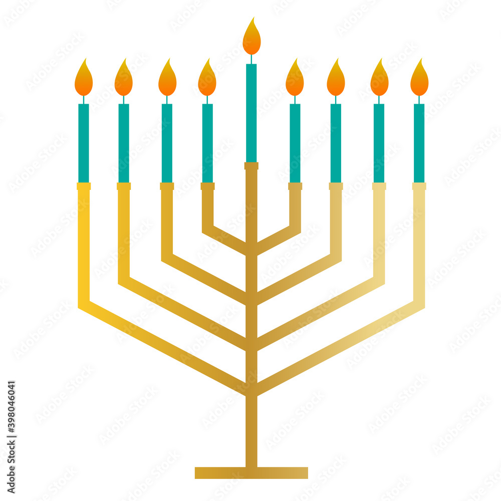 gold modern Hanukkah menorah with blue candles gold modern Hanukkah menorah with blue candles