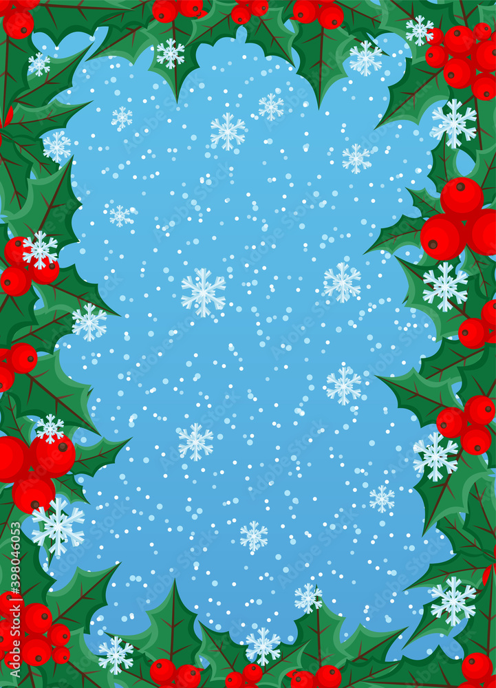 Christmas frame made of holly leaves with berries on blue winter background.