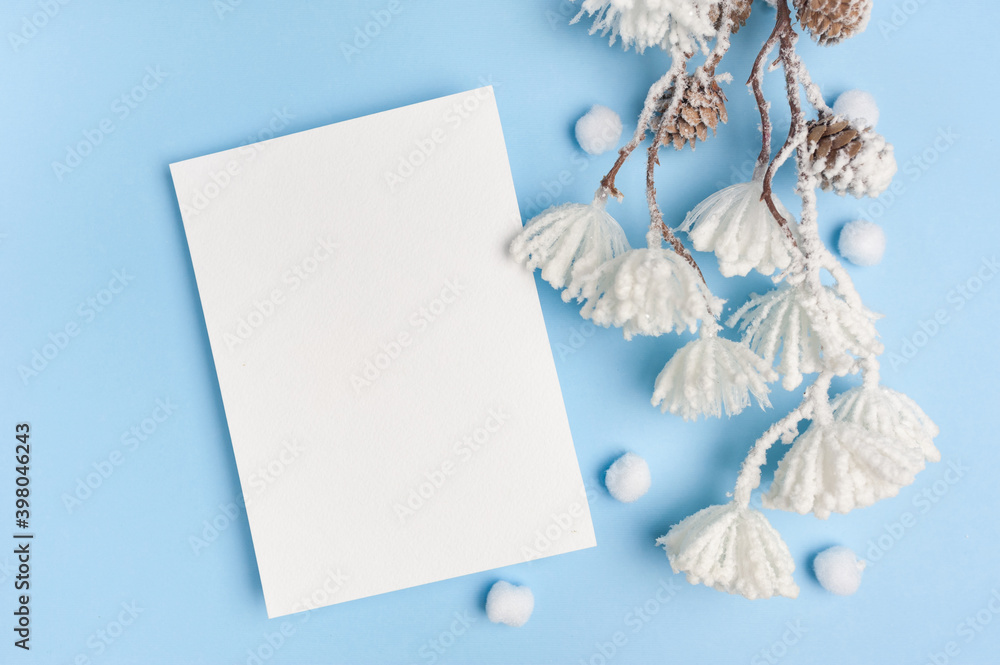 Mock up of Eucalyptus leaves and cotton plant with place for text on blue background. Wreath made of branches, cones. Flat lay, top view Mock up of Eucalyptus leaves and cotton plant with place for text on blue background. Wreath made of branches, cones. Flat lay, top view