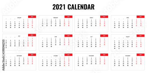 2021 yearly calendar - 12 months yearly calendar set for 2021 year. Vector illustration.