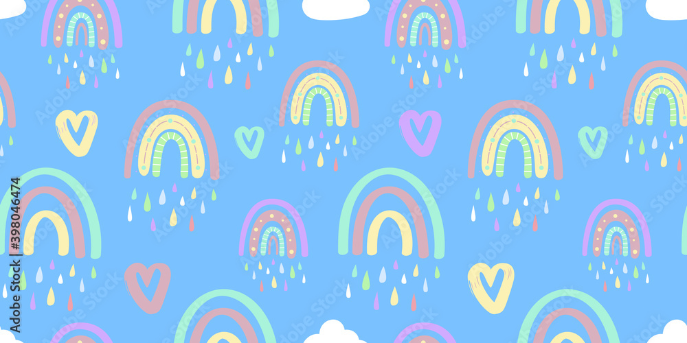 Cute rainbow and hearts seamless pattern. Romantic pattern for Valentine's Day.Creative children's illustration in a fashionable Scandinavian style. Vector illustration Cute rainbow and hearts seamless pattern. Romantic pattern for Valentine's Day.Creative children's illustration in a fashionable Scandinavian style. Vector illustration