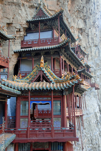 The Hanging Temple or Hanging Monastery near Datong in Shanxi Province, China. Detail of the wooden architecture within the temple. The Hanging Temple is a major tourist sight near Datong.