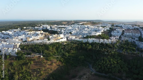 Panoramic aerial footage of a lovely white town located in south Spain. Vejer de la frontera from a birds view 