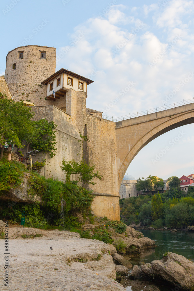 View of the tower of the Old Bridge in the Old Town of Mostar at dawn. Bosnia and Herzegovina