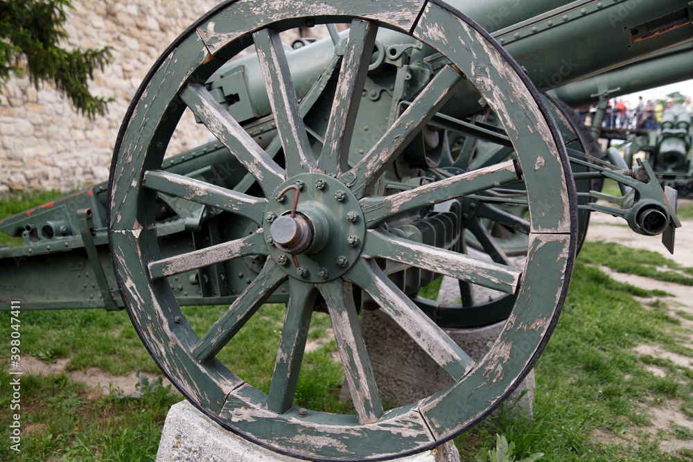 Fragment of an artillery piece on display at the open-air museum of military equipment in Belgrade, Serbia.