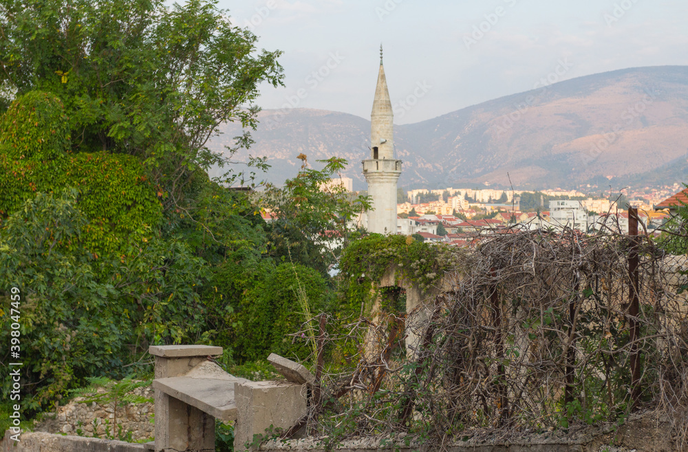 A fence in the city of Mostar was destroyed during the Balkan War. Bosnia and Herzegovina